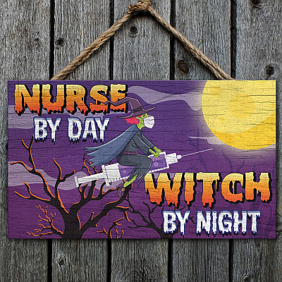 Halloween Nurse by Day Witch by Night Funny Decorative Rectangle Wooden Door Sign-Front Porch Sign Indoor Outdoor Decor