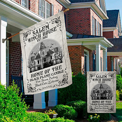 Alternative view of Vintage Salem Witch House Home of the Black Flame Candle Halloween Decorative Garden Flag - Witch House Flag - Wall Flag