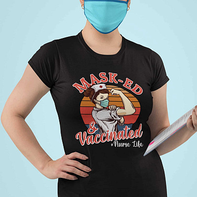 Alternative view of Vintage Masked and Vaccinated Nurse Life Strong Nurse Funny T-Shirt - Funny Vaccinated Nurse Shirt