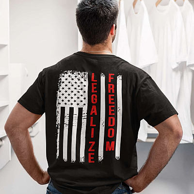 Alternative view of American Flag Legalize Freedom Print on Back Plain Front T-Shirt - Patriotic American Flag Vintage Shirt