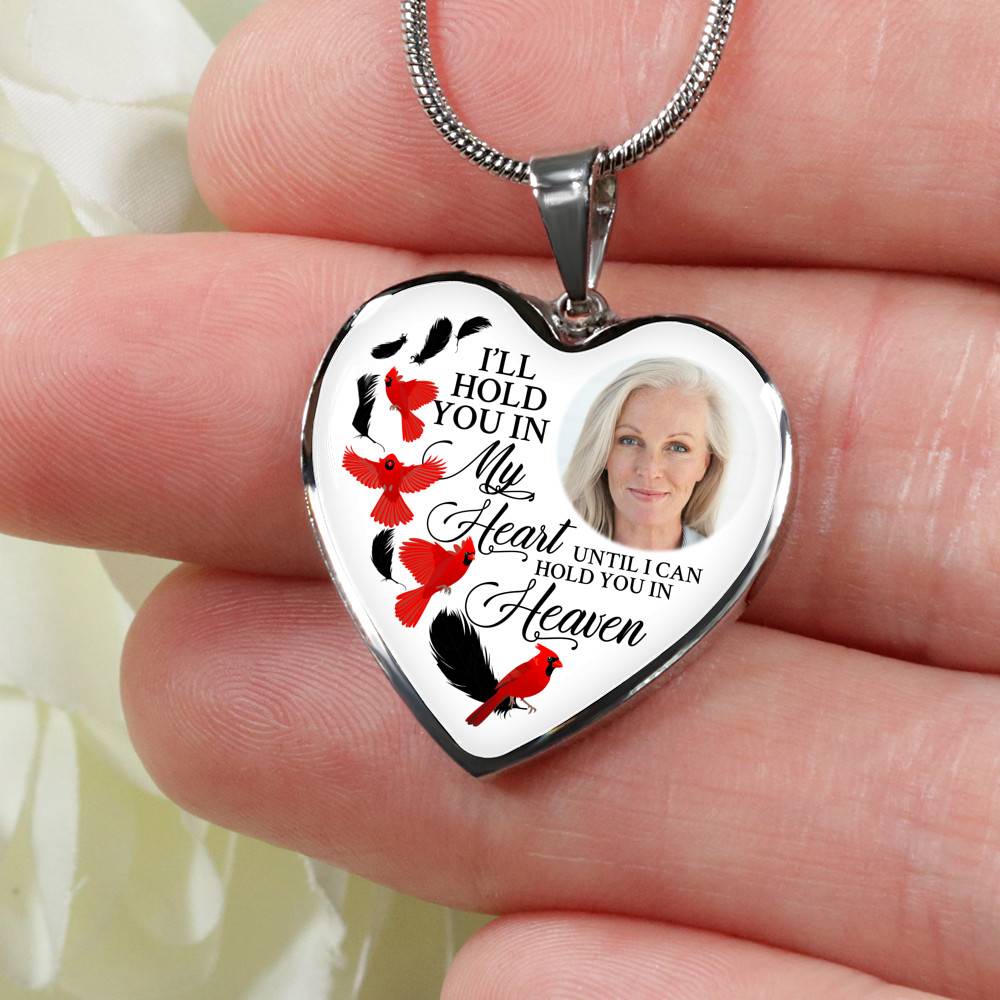 Custom Photo Memorial Cardinal Heart Necklace - I'll Hold You in My Heart Personalized Photo Engraving Memorial Heart Necklace