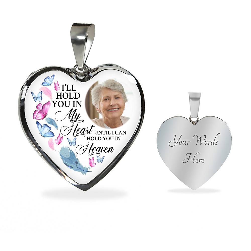 Custom Photo Memorial Butterfly Heart Necklace - I'll Hold You in My Heart Personalized Photo Engraving Memorial Heart Necklace