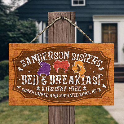 Alternative view of Hocus Pocus Sanderson Sisters Bed And Breakfast Kids Stay Free Since 1673 Wooden Door Sign - Halloween Sign Decor