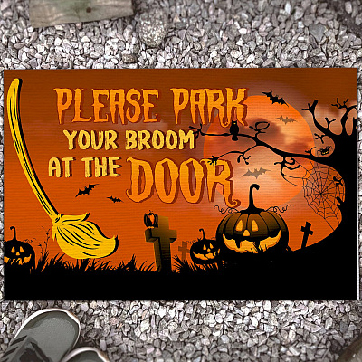 Please Park Your Broom at the Door Indoor Outdoor Doormat - Funny Halloween Doormat