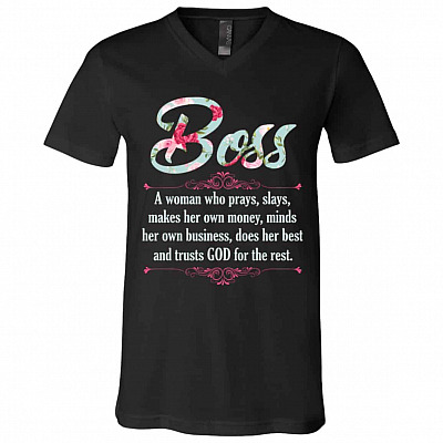 10VT. Boss Trusts God For The Rest, Black, V-Neck T-Shirt