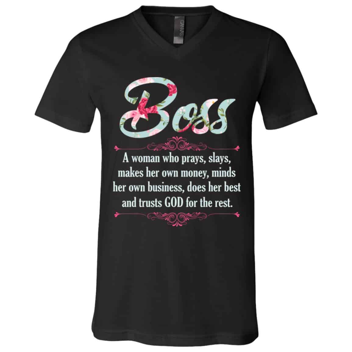 10VT. Boss Trusts God For The Rest, Black, V-Neck T-Shirt