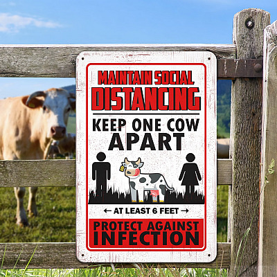 Maintain Social Distancing Keep One Cow Apart Decorative Metal Sign - Indoor Outdoor Decor Farmhouse