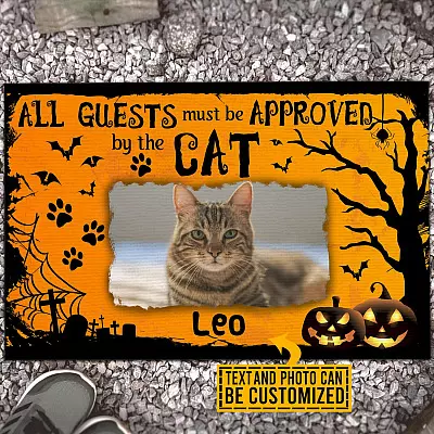 Custom Photo All Guests Must Be Approved By The Cat Personalized Cat Halloween Indoor Outdoor Doormat