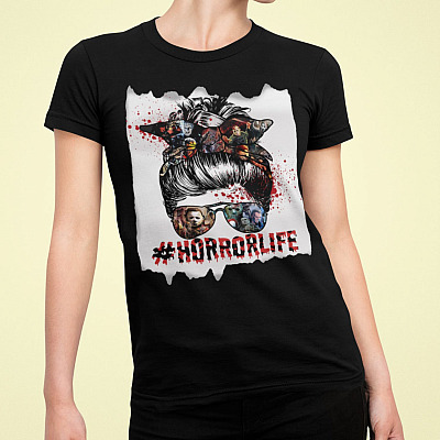 Alternative view of Messy Bun Horror Life Halloween T-shirt - V-neck - Horror Movie Characters Shirt For Women