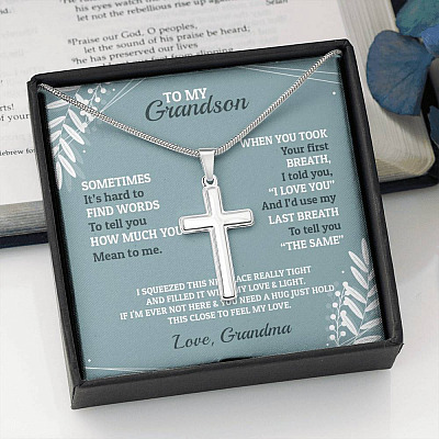 To My Grandson Sometimes It's Hard To Find Words To Tell You How Much You Mean To Me Artisan Crafted Cross Necklace