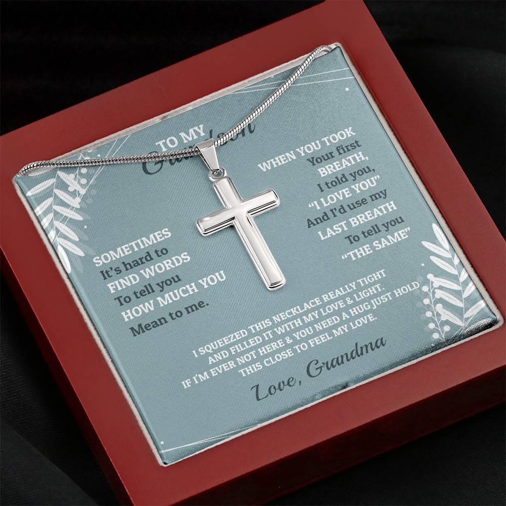 To My Grandson Sometimes It's Hard To Find Words To Tell You How Much You Mean To Me Artisan Crafted Cross Necklace