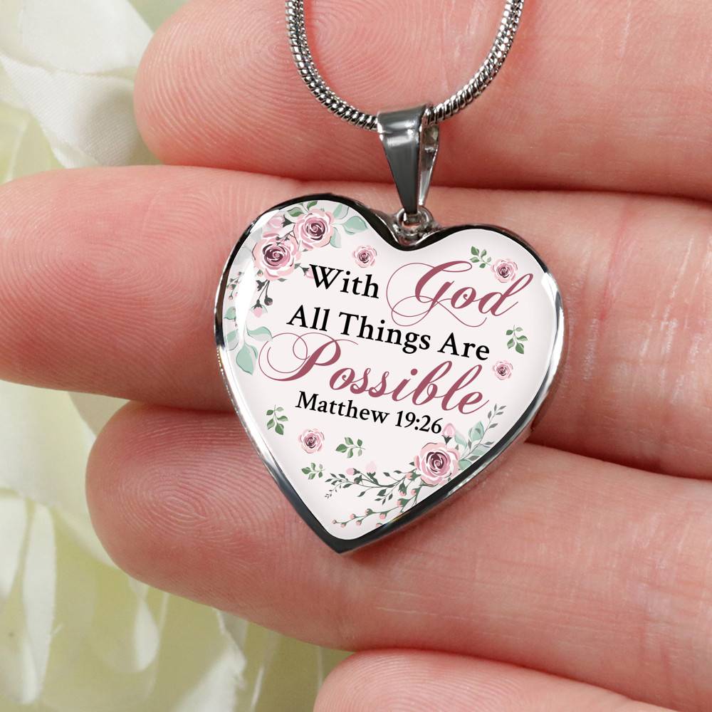 With God All Things Are Possible Mathew 19 26 Christian Heart Pendant Necklace for Women