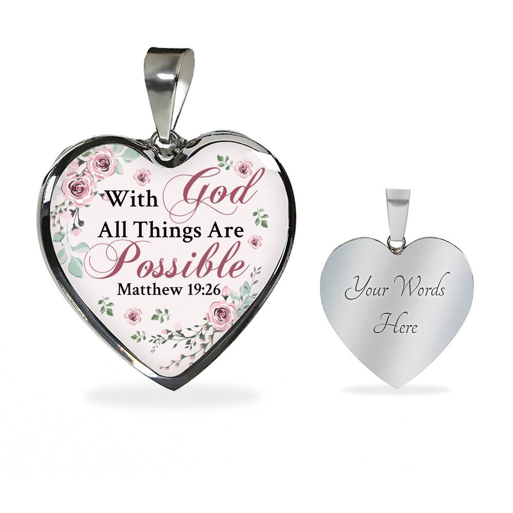 With God All Things Are Possible Mathew 19 26 Christian Heart Pendant Necklace for Women