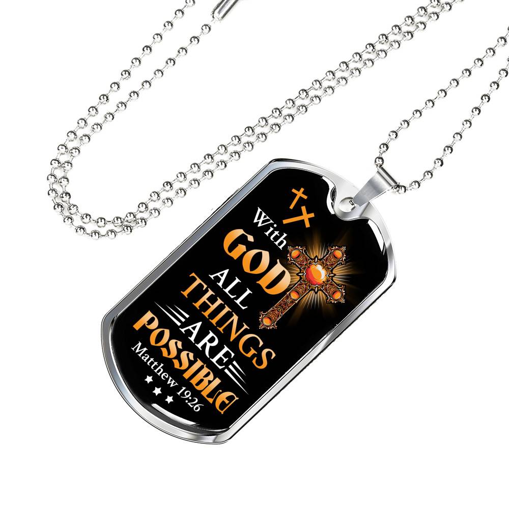 With God All Things Are Possible Mathew 19 26 Christian Dog Tag Pendant Necklace for Men