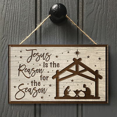 Alternative view of Jesus Is the Reason for the Season Christmas Decorative Rectangle Wooden Door Sign-Front Porch Sign Indoor Outdoor Decor