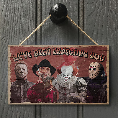 Alternative view of We Have Been Expecting You Halloween Horror Characters Decorative Rectangle Wooden Door Sign - Front Porch Sign Indoor Outdoor Decor
