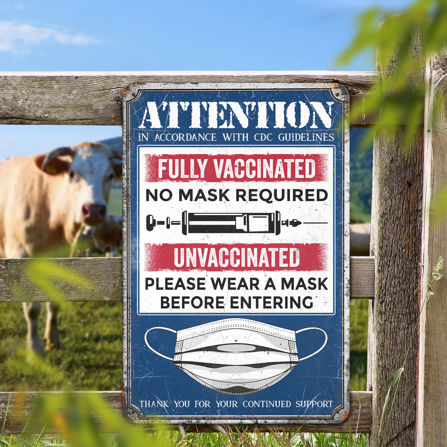 6KNG. Attention unvaccinated (5) Metal Sign Mockup 3