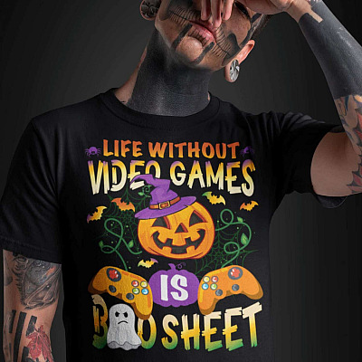 Alternative view of Funny Halloween Boo Video Gaming Controller T-Shirt - Life Without Video Games Is Boo Sheet Halloween Shirt