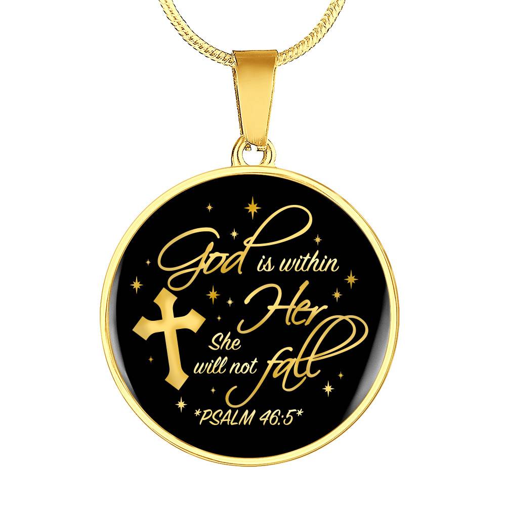 Cross God Is Within Her She Will Not Fall Psalm 46 5 Christian Circle Pendant Necklace - Bangle - Circle Luxury Necklace (Gold Plated)