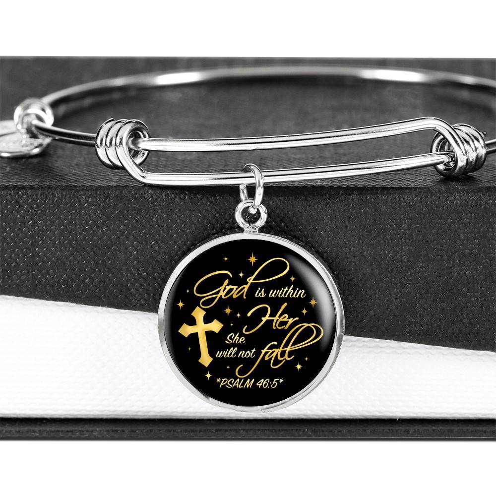 Cross God Is Within Her She Will Not Fall Psalm 46 5 Christian Circle Pendant Necklace - Bangle