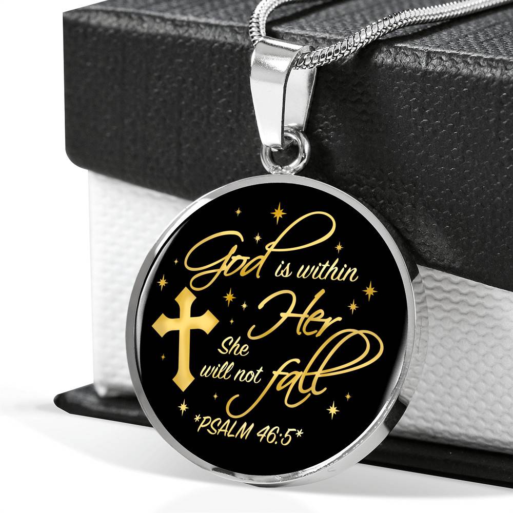 Cross God Is Within Her She Will Not Fall Psalm 46 5 Christian Circle Pendant Necklace - Bangle