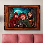 Funny Sanderson Sisters 3D Window Gallery Wrapped Canvas Print - Hocus Pocus 3D Wall Art - Poster - Halloween Gift