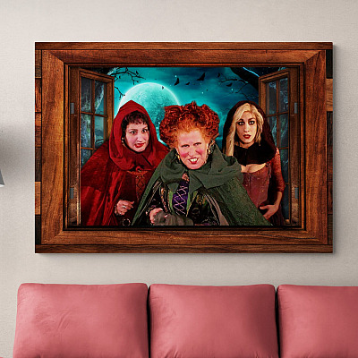 Funny Sanderson Sisters 3D Window Gallery Wrapped Canvas Print - Hocus Pocus 3D Wall Art - Poster - Halloween Gift