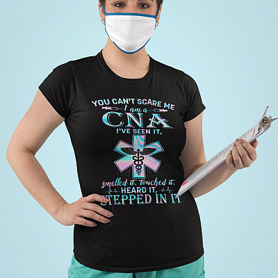 Alternative view of You Can't Scare Me I Am A CNA I've Seen It Smelled It Touched It Heard It Stepped In It T-Shirt - V-Neck - CNA Gifts