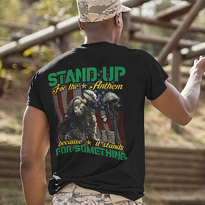 Alternative view of Stand Up for the Anthem Because It Stands for Something American Flag Print on Back Plain Front T-Shirt - Veteran Shirt