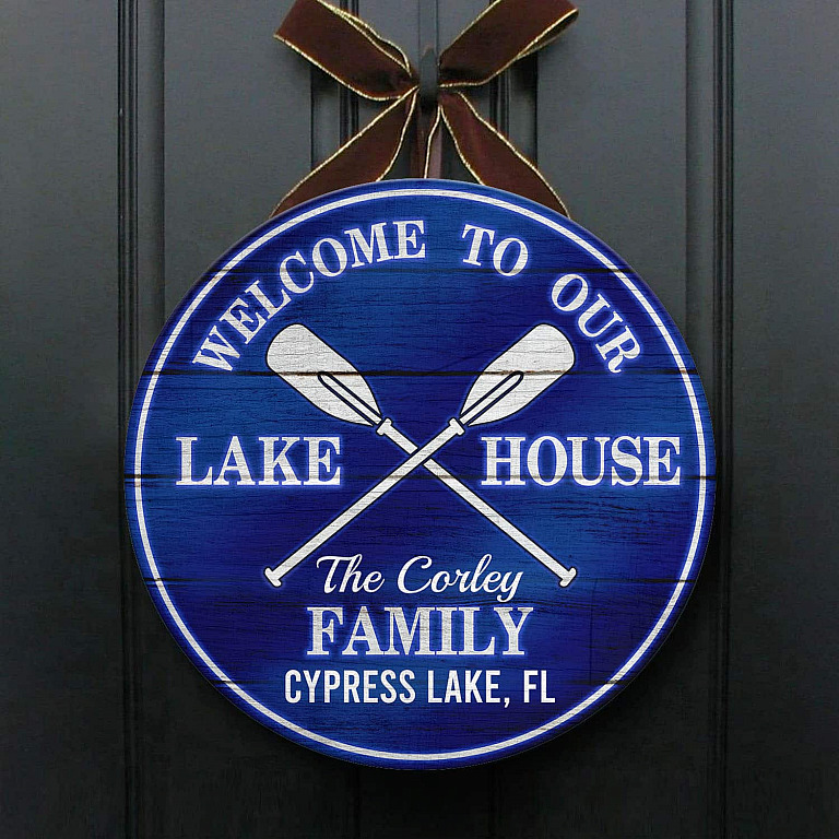 Personalized Welcome To Our Lake House Wooden Door Sign Boat Oars Decor Front Porch Indoor Outdoor Cubebik Boat Oars Decor Front Porch Sign, Custom Outdoor Lake House Signs