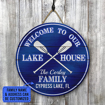 Personalized Welcome To Our Lake House Wooden Door Sign - Boat Oars Decor Front Porch Sign Indoor Outdoor