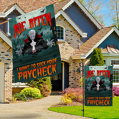 Alternative view of Joe Biten I Want To Suck Your Paycheck Flag - Funny Halloween Joe Biden Vampire Garden Flag - House Flag