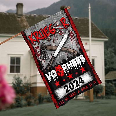 Krueger Voorhees 2024 Let Us Take A Stab At It Outdoor House Flag - Funny Halloween Home Garden Flag