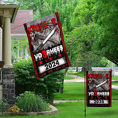 Alternative view of Krueger Voorhees 2024 Let Us Take A Stab At It Outdoor House Flag - Funny Halloween Home Garden Flag