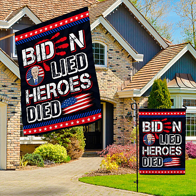 Alternative view of Biden Lied Heroes Died Anti Biden - Biden Blood on His Hands Outdoor Indoor Decorative Garden Flag - House Flag