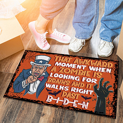 Alternative view of Anti Joe Biden Impeach Biden Sarcasm Halloween Entrance Doormat - That Awkward Moment When A Zombie Biden Braindead Halloween Doormat