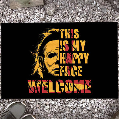 Social Distance Michael Wearing Face Cover Myers Entrance Doormat - Michael This Is My Happy Face Myers Halloween Door Mat