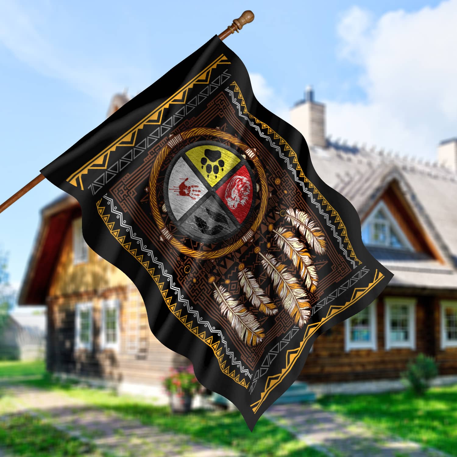 4KT. Four Direction Medicine Wheel-30x40 House Flag Mockup 5