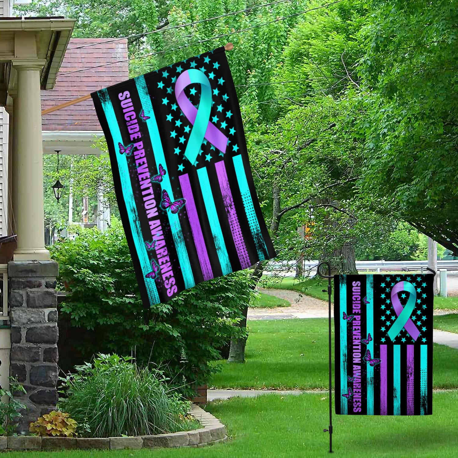3VT. Suicide Prevention Flag Garden & House Mockup 1