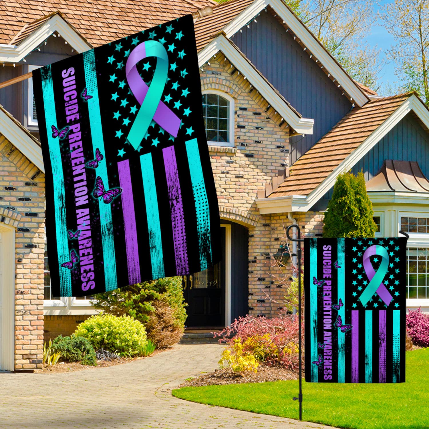 3VT. Suicide Prevention Flag Garden & House Mockup 3