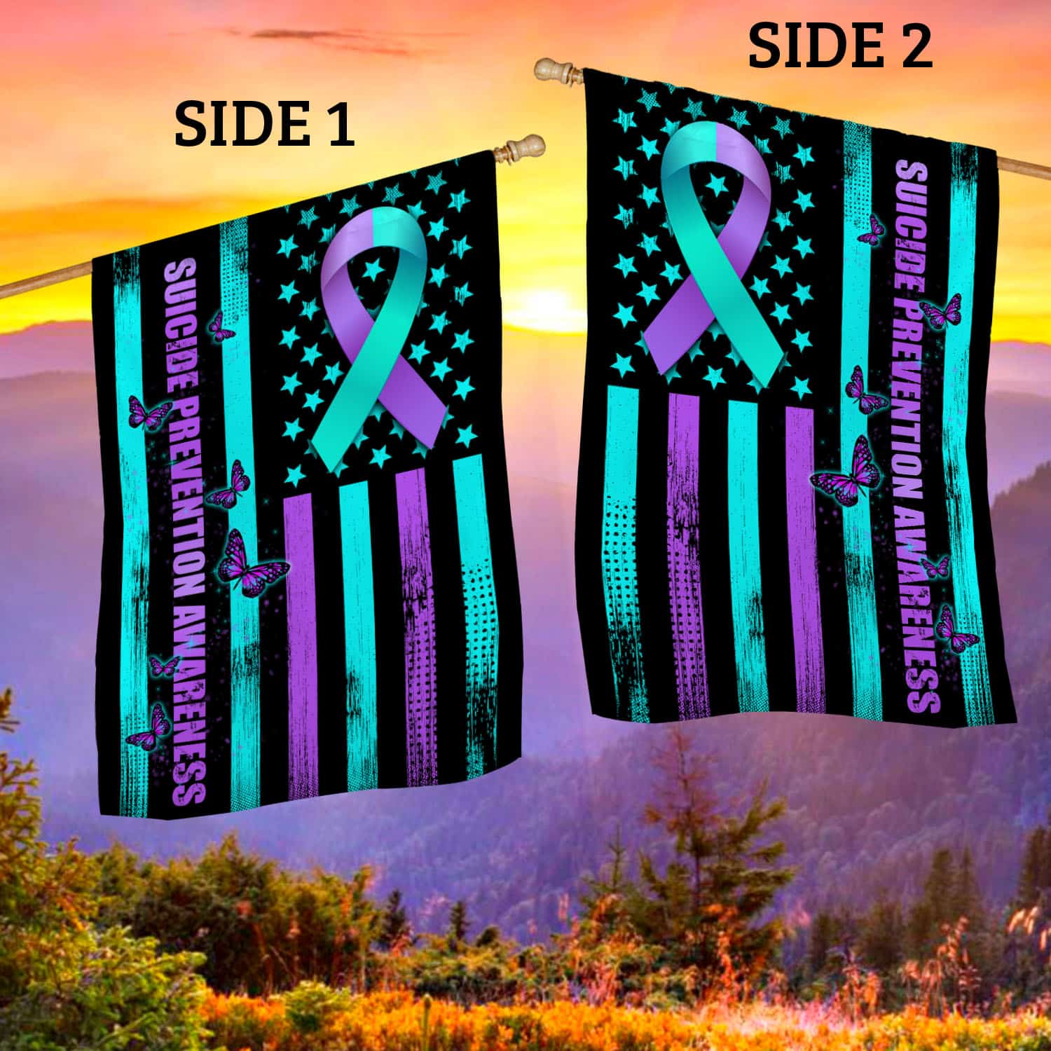 3VT. Suicide Prevention Flag House Flag Mockup 2 Side