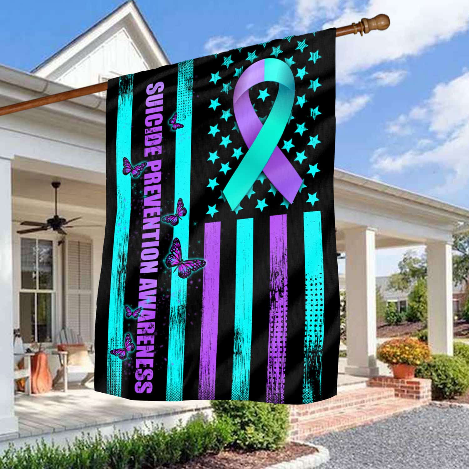 3VT. Suicide Prevention Flag House Flag Mockup 3
