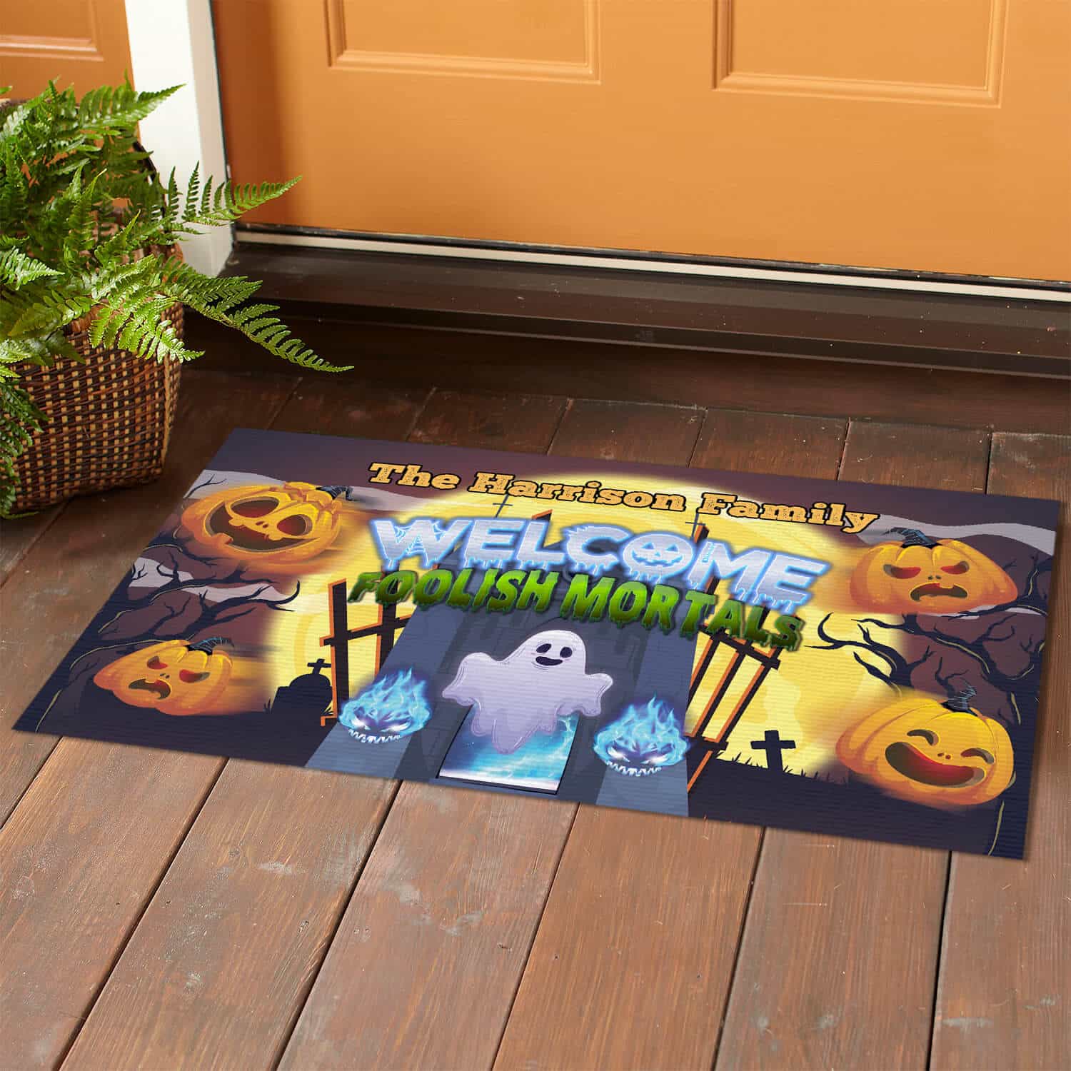 1TM. Welcome Foolish Mortals (sample design) Doormat mockup 1