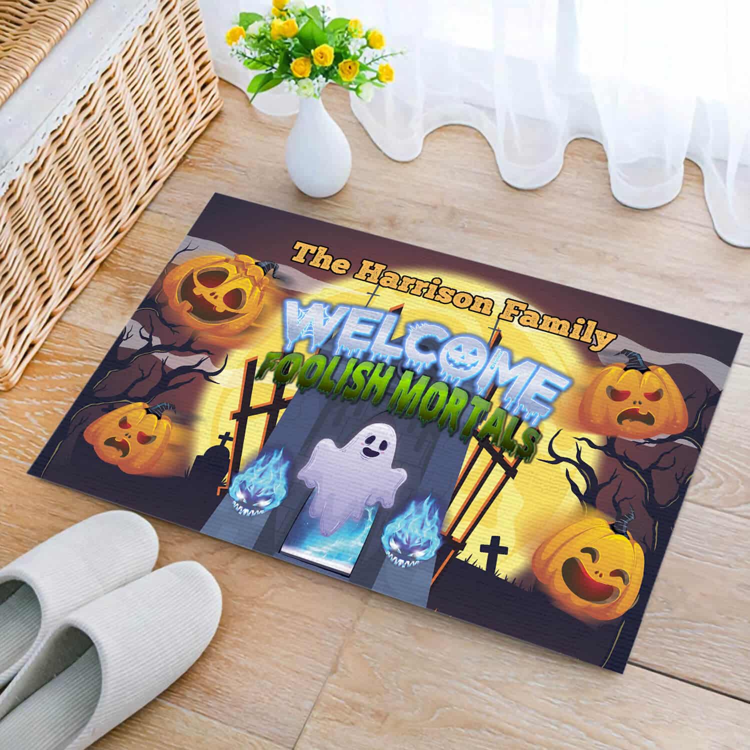 1TM. Welcome Foolish Mortals (sample design) Doormat mockup 2