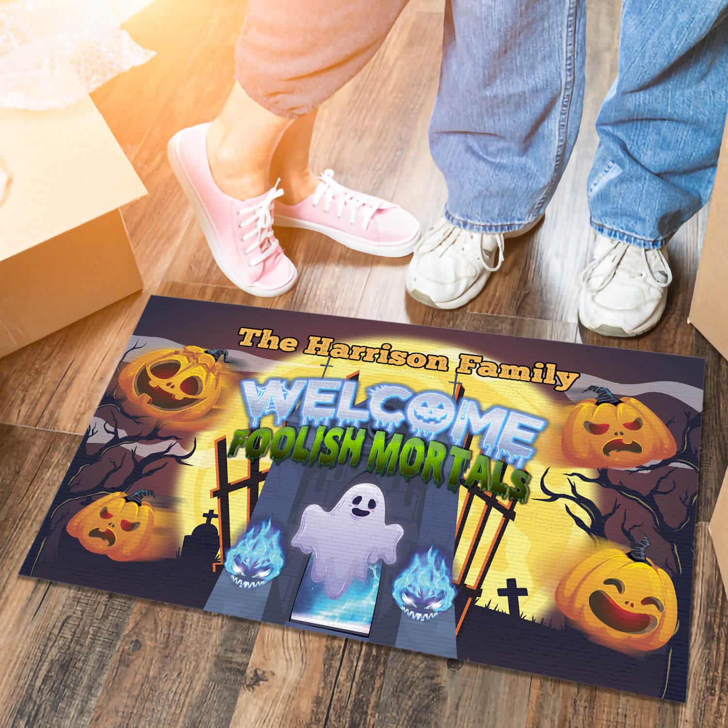 1TM. Welcome Foolish Mortals (sample design) Doormat mockup 6