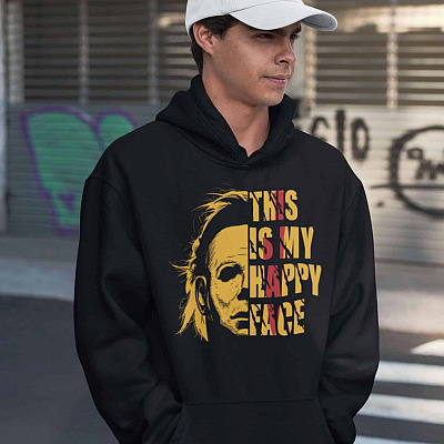 Alternative view of Social Distance Michael Wearing Face Cover Myers Shirt - Myers This Is My Happy Face Halloween Hoodie Sweatshirt