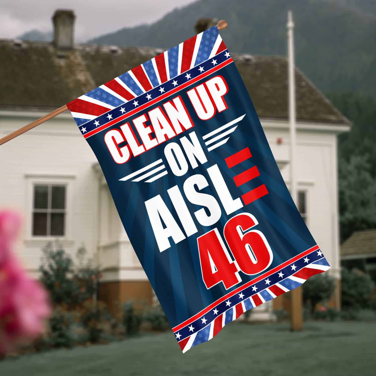 3KT. Clean Up On Aisle 46-30x40 House Flag Mockup 4