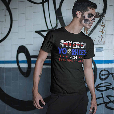 Alternative view of Vote Michael Halloween Myers Vooheers 2024 Election T-Shirt - Myers Voorhees Let Us Take A Stab At It Shirt
