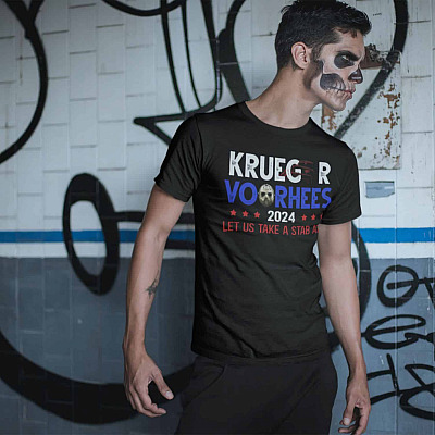 Alternative view of Vote Freddy Halloween Krueger Vooheers 2024 Election T-Shirt - Krueger Voorhees Let Us Take A Stab At It Shirt