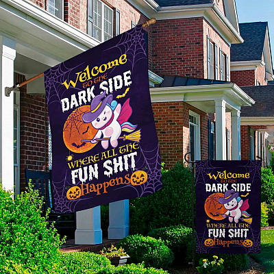 Alternative view of Welcome To The Dark Side Where All The Fun Shit Happens Garden Flag - Halloween House Flag - Wall Flag